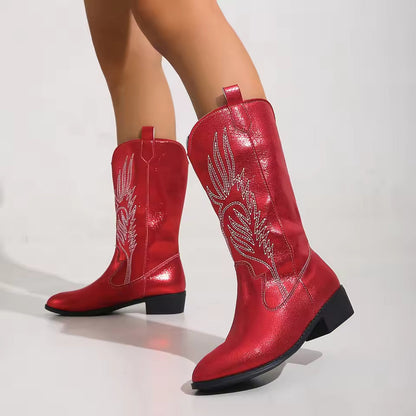 Women's Mid-Calf Star Embroidered Boots High Heel Western Style Autumn New Tassel Western Boots for Women Rubber Botas Feminino - CB043