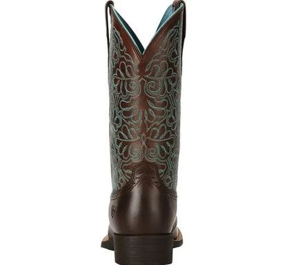Women's Round Toe Winter Flower Side Zipper Thick Heel Korean Version Brown Totem Mid-tube Fashion PU Boots Cosplay Knight Boots - CB015