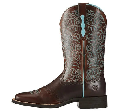 Women's Round Toe Winter Flower Side Zipper Thick Heel Korean Version Brown Totem Mid-tube Fashion PU Boots Cosplay Knight Boots - CB015