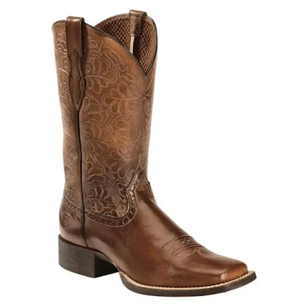 Women's Round Toe Winter Flower Side Zipper Thick Heel Korean Version Brown Totem Mid-tube Fashion PU Boots Cosplay Knight Boots - CB015