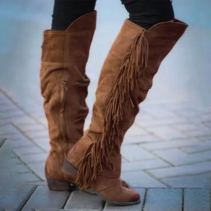 Women's Winter Retro Round Toe Zipper Boots Thick Heel Brown Long Tassel Boots Halloween Costume Party Cosplay Shoes 2025 - CB029
