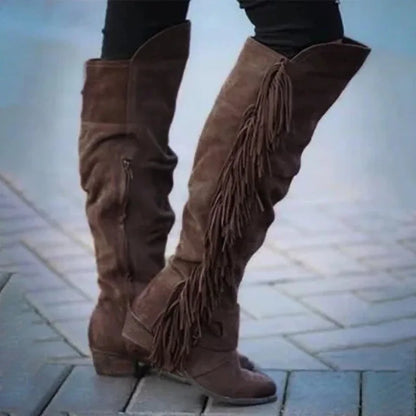 Women's Winter Retro Round Toe Zipper Boots Thick Heel Brown Long Tassel Boots Halloween Costume Party Cosplay Shoes 2025 - CB029