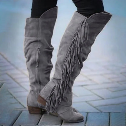 Women's Winter Retro Round Toe Zipper Boots Thick Heel Brown Long Tassel Boots Halloween Costume Party Cosplay Shoes 2025 - CB029