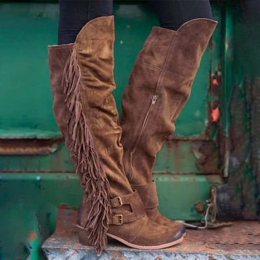 Women's Winter Retro Round Toe Zipper Boots Thick Heel Brown Long Tassel Boots Halloween Costume Party Cosplay Shoes 2025 - CB029