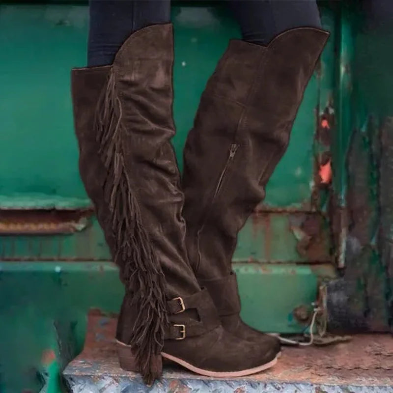 Women's Winter Retro Round Toe Zipper Boots Thick Heel Brown Long Tassel Boots Halloween Costume Party Cosplay Shoes 2025 - CB029