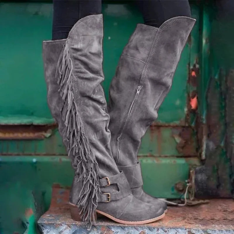 Women's Winter Retro Round Toe Zipper Boots Thick Heel Brown Long Tassel Boots Halloween Costume Party Cosplay Shoes 2025 - CB029